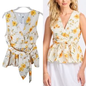 Essentielle En Saison Pia Floral Sleeveless Peplum Top Cotton Blend Large